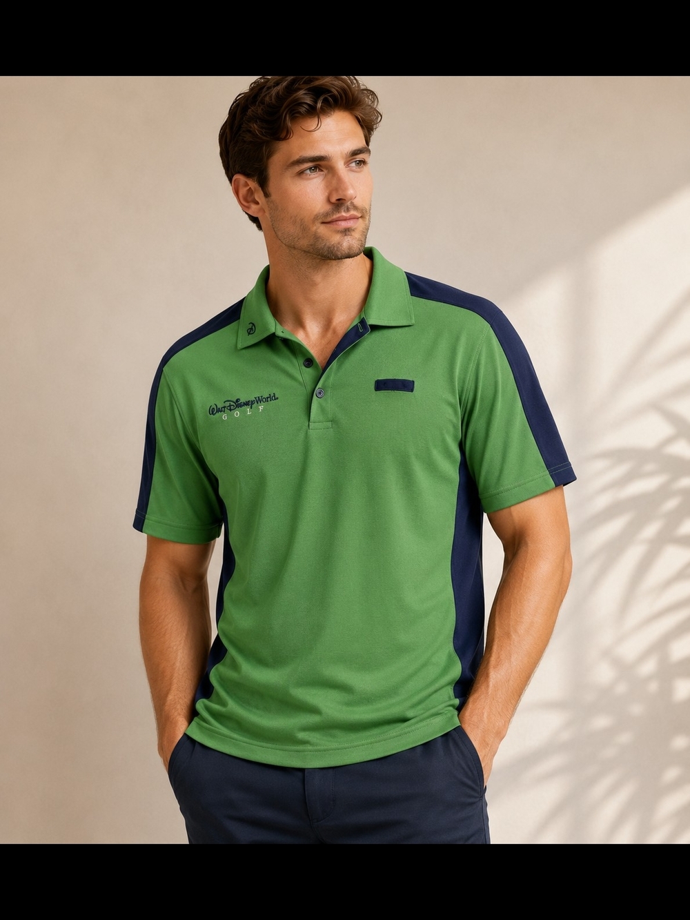 Disney Men's Green and Navy Panel Polo Shirt